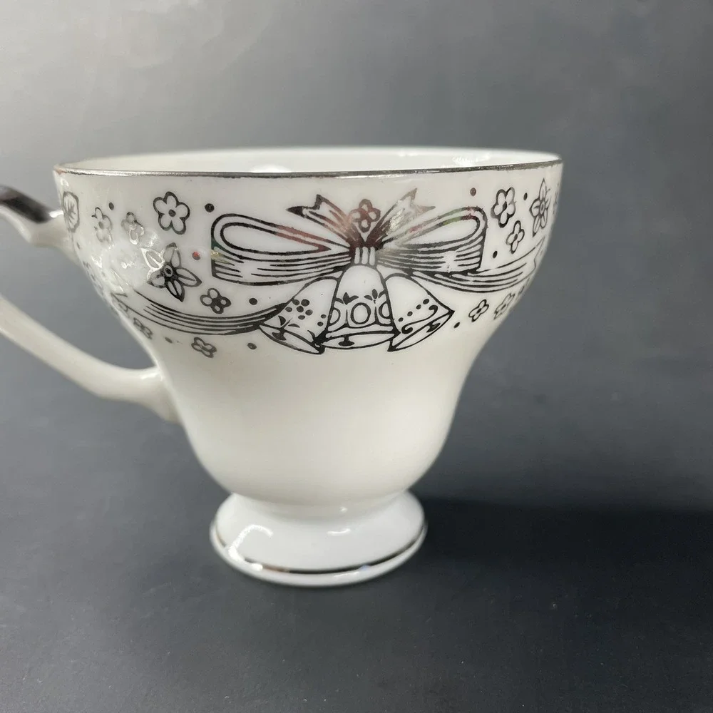 Vtg Arnart Creation Tea Cup & Saucer Japan‎ 25th Silver Anniversary White Bells